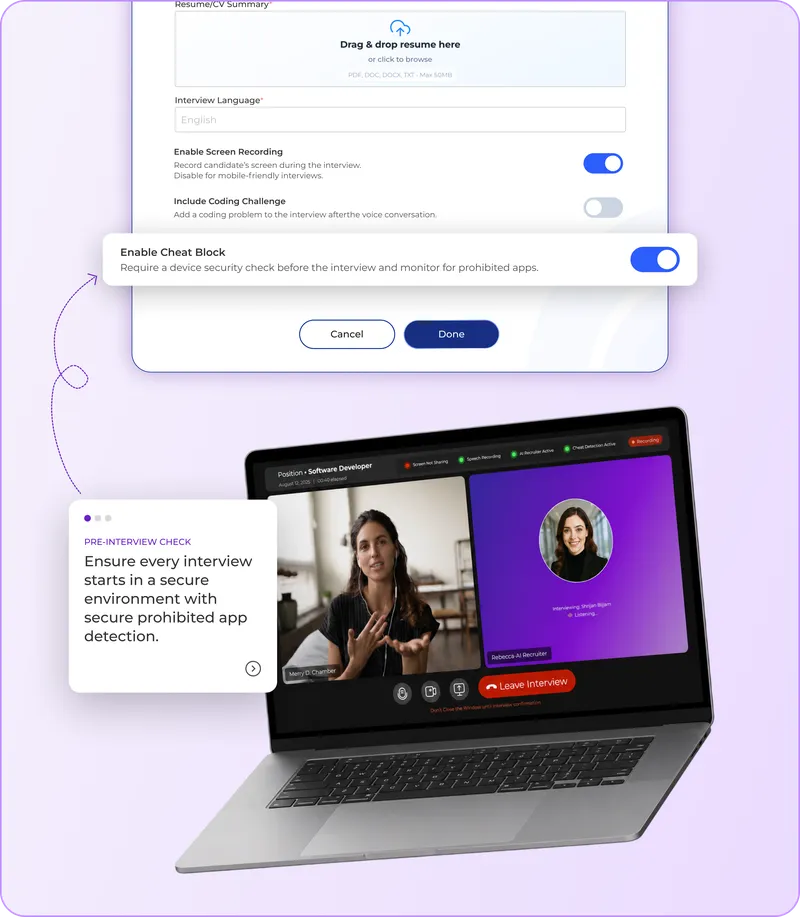 Rebecca AI interview setup with Cheat Block enabled and live interview showing cheat detection active