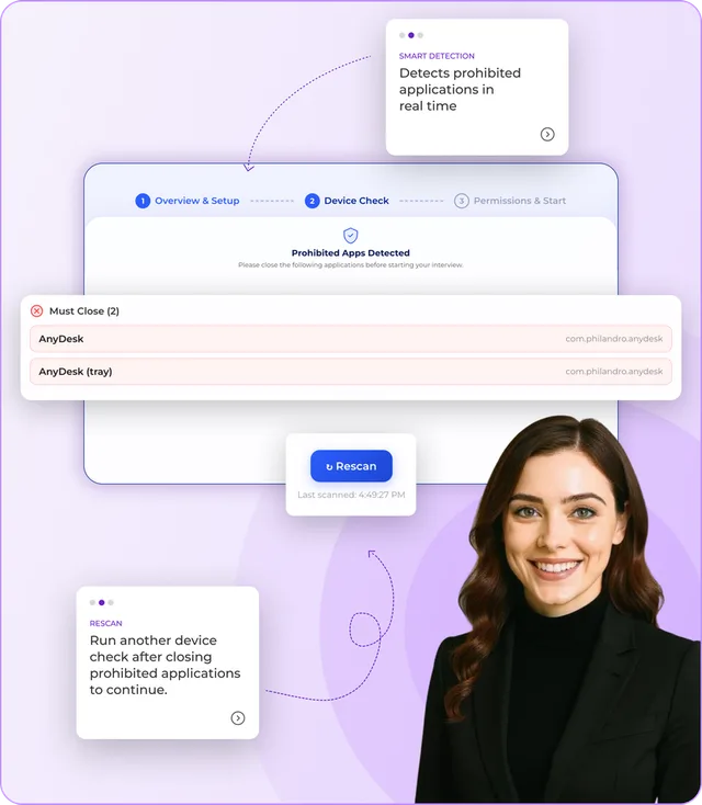 Rebecca Guard detecting prohibited applications like AnyDesk during a pre-interview device check