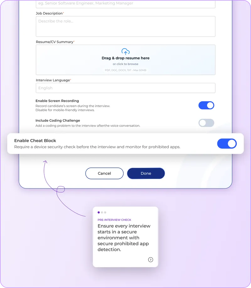 Rebecca AI interview setup screen with Enable Cheat Block toggle and pre-interview security check