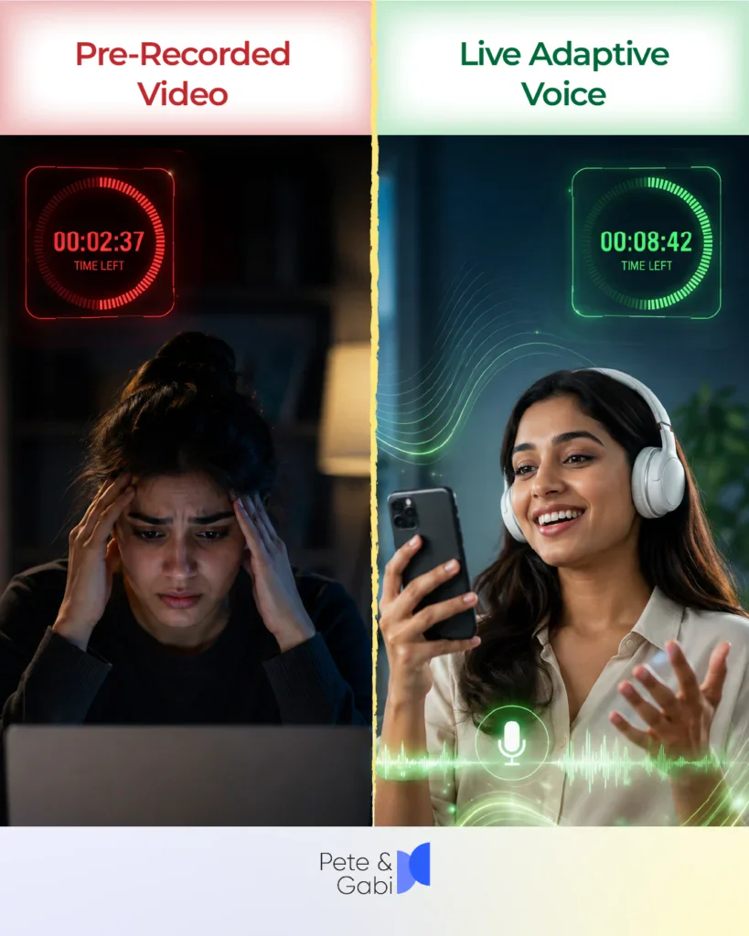 What do live, adaptive voice interviews offer that pre-recorded one-way video doesn't?