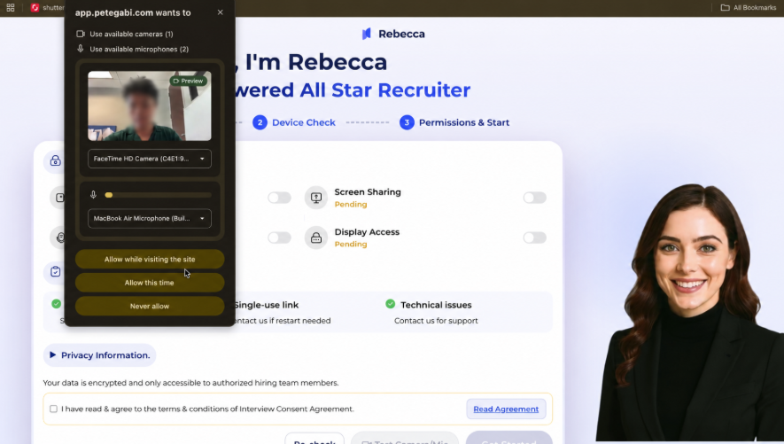 Allow camera and microphone access in Chrome. The candidate’s face is blurred for privacy.