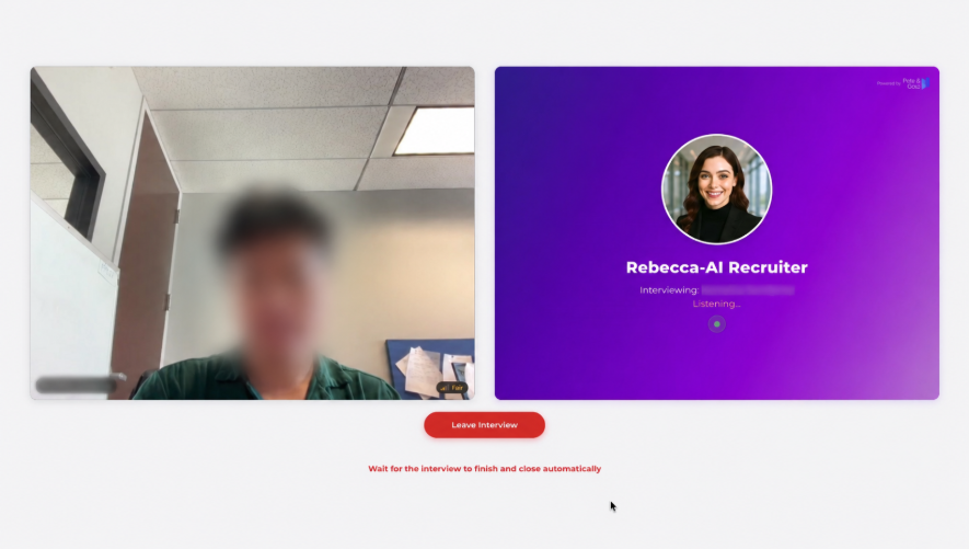 The live interview screen, with the candidate’s face and name blurred for privacy.